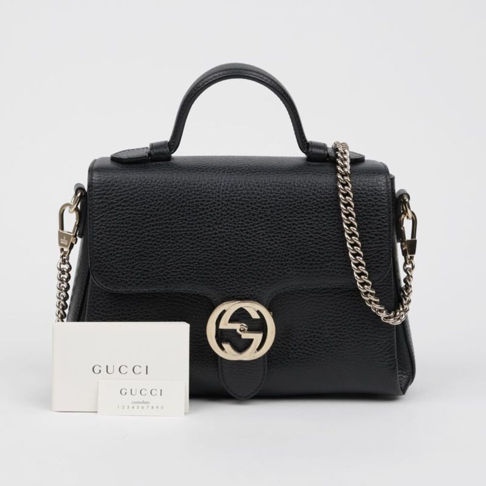 Interlocking Leather Top Handle Chain Shoulder Bag Black